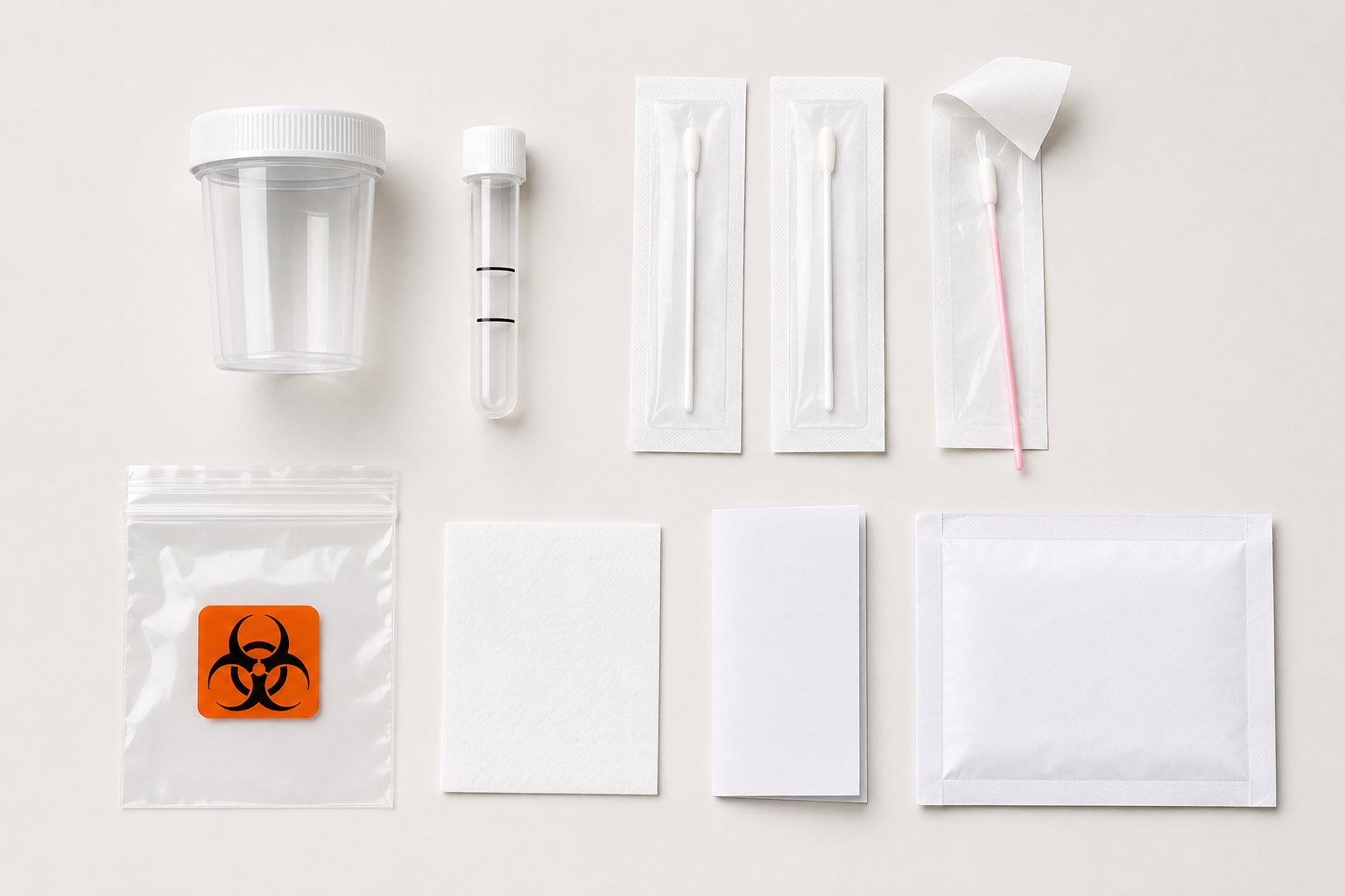 The CLEAR Home Kit contents laid out: a urine specimen cup, a capped urine collection tube marked with fill lines, three sealed swabs (one opened to show the swab inside), a zip-seal biohazard specimen bag, an absorbent pad, an instruction booklet and a prepaid return mailer. No blood collection device is included.